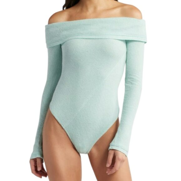 Free People x Intimately Mint Green Off Shoulder Ribbed Bodysuit Size M NWT - Picture 2 of 9